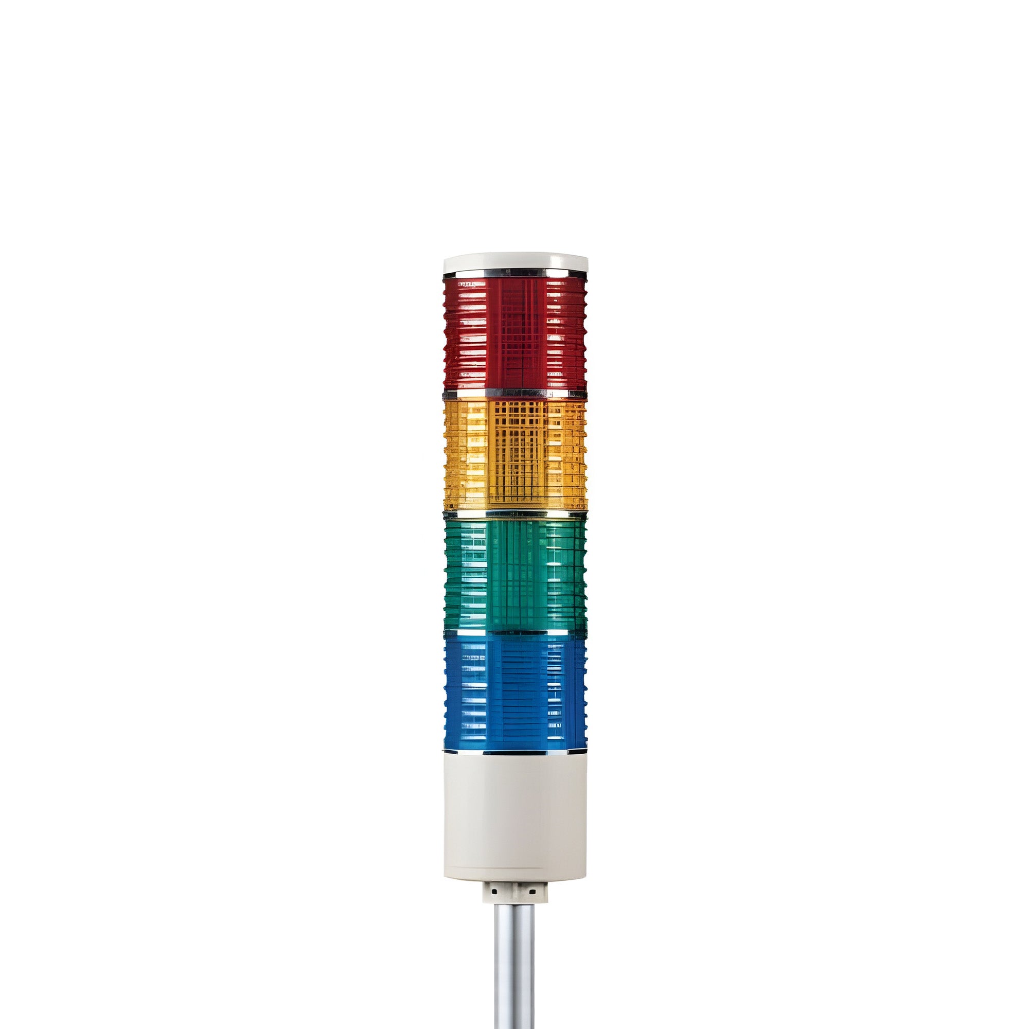Four-color pole-mounted industrial signal light on a white background; Red-Amber-Green-Blue on a white background.