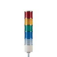 Five-color pole-mounted industrial signal light on a white background; Red-Amber-Green-Blue-White on a white background.