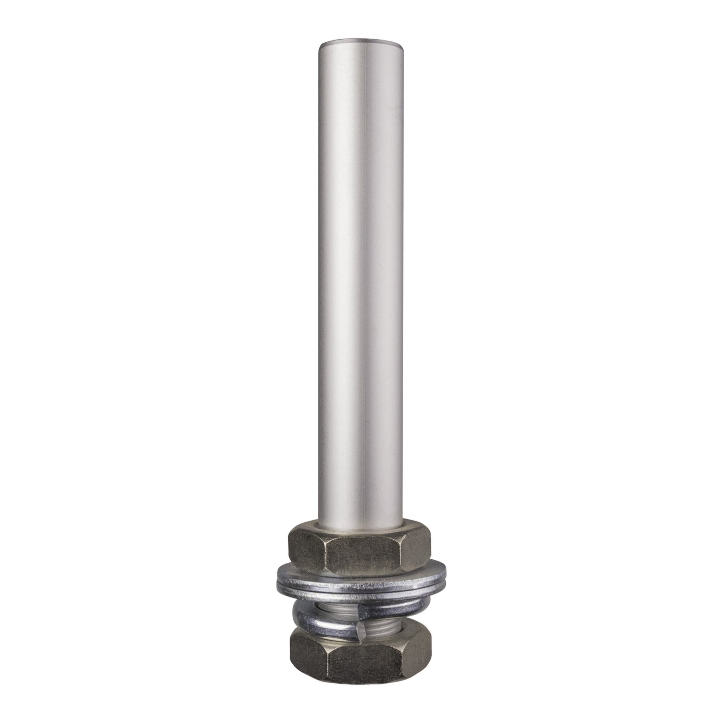 Short metal pole with nuts and washers at bottom on a white background.