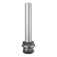 Short metal pole with nuts and washers at bottom on a white background.