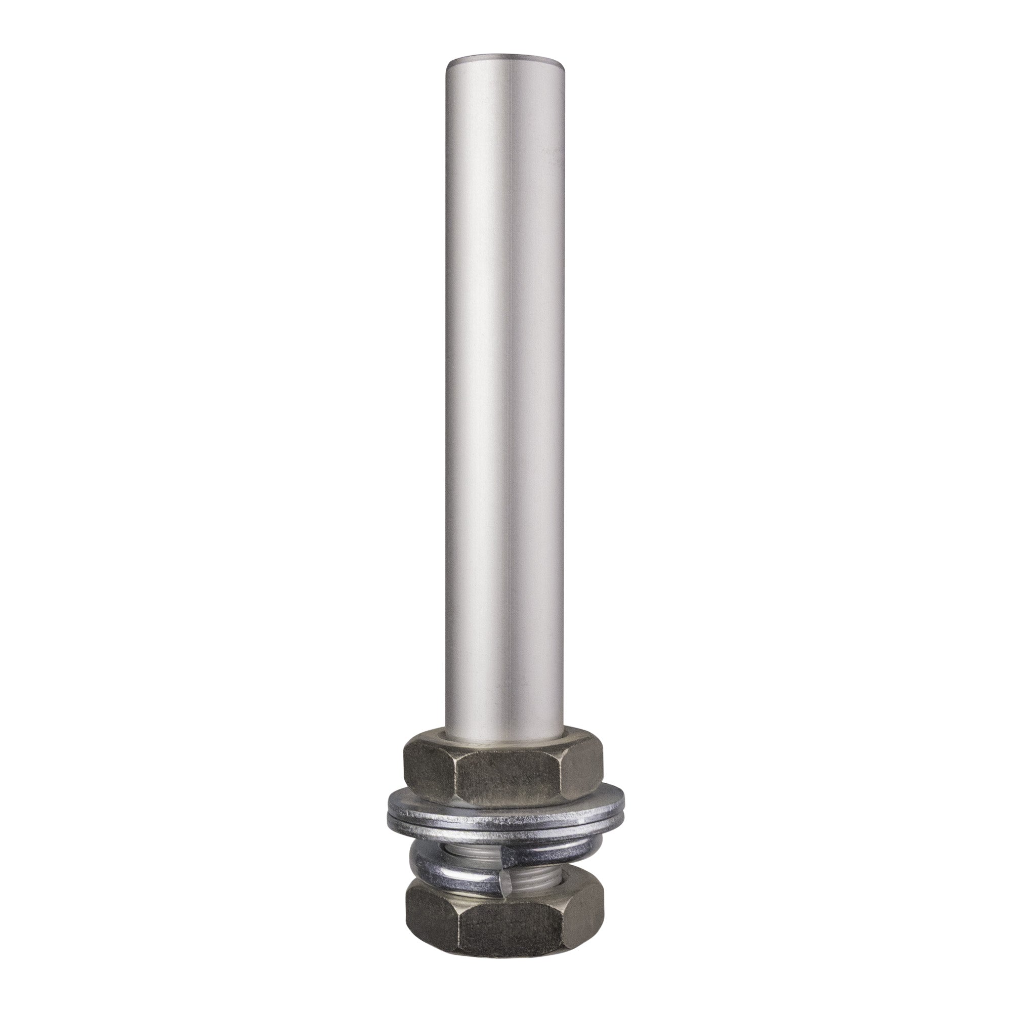 Short metal pole with nuts and washers at bottom on a white background.