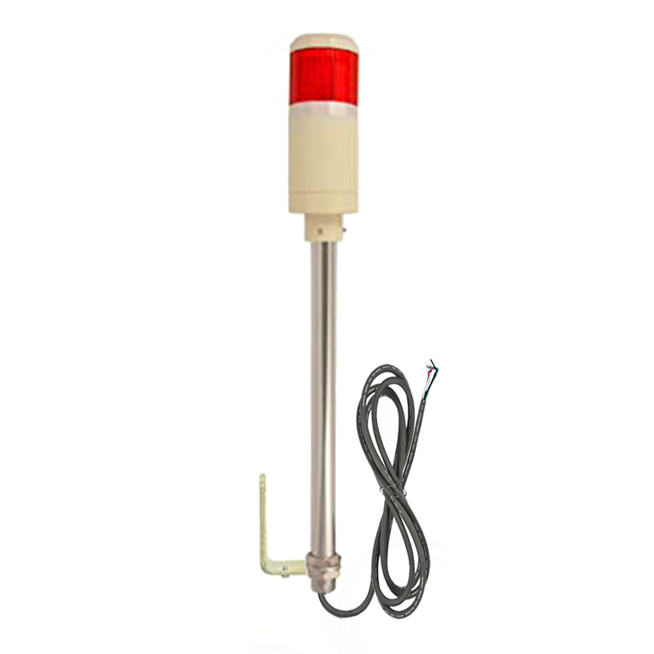 Red pole-mounted industrial signal light with right angle mounting bracket on a white background.