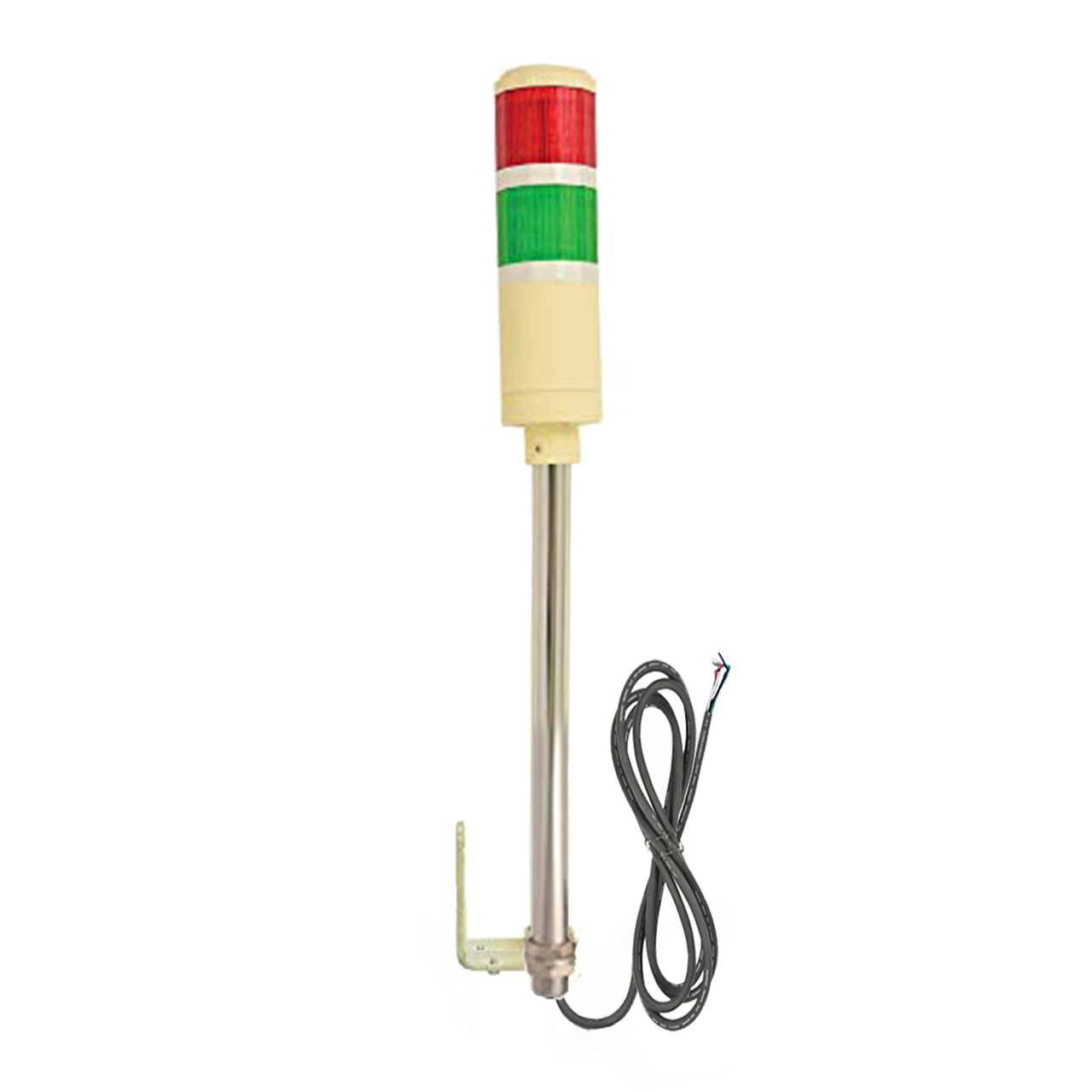 Two-color pole-mounted industrial signal light with right angle mounting bracket; Red-Green on a white background.
