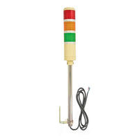 Three-color pole-mounted industrial signal light: Red-Amber-Green on a white background.