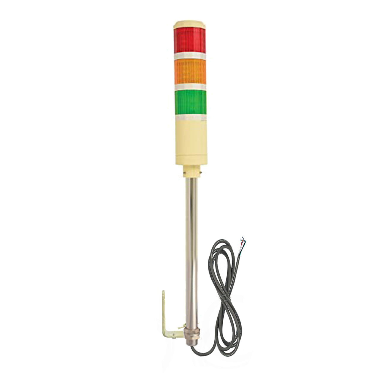 Three-color pole-mounted industrial signal light: Red-Amber-Green on a white background.