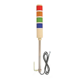 Four-color pole-mounted industrial signal light with right angle mounting bracket; Red-Amber-Green-Blue on a white background.