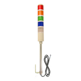 Five-color pole-mounted industrial signal light with right angle mounting bracket; Red-Amber-Green-Blue-White on a white background.
