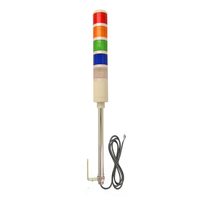 Five-color pole-mounted industrial signal light with right angle mounting bracket; Red-Amber-Green-Blue-White on a white background.
