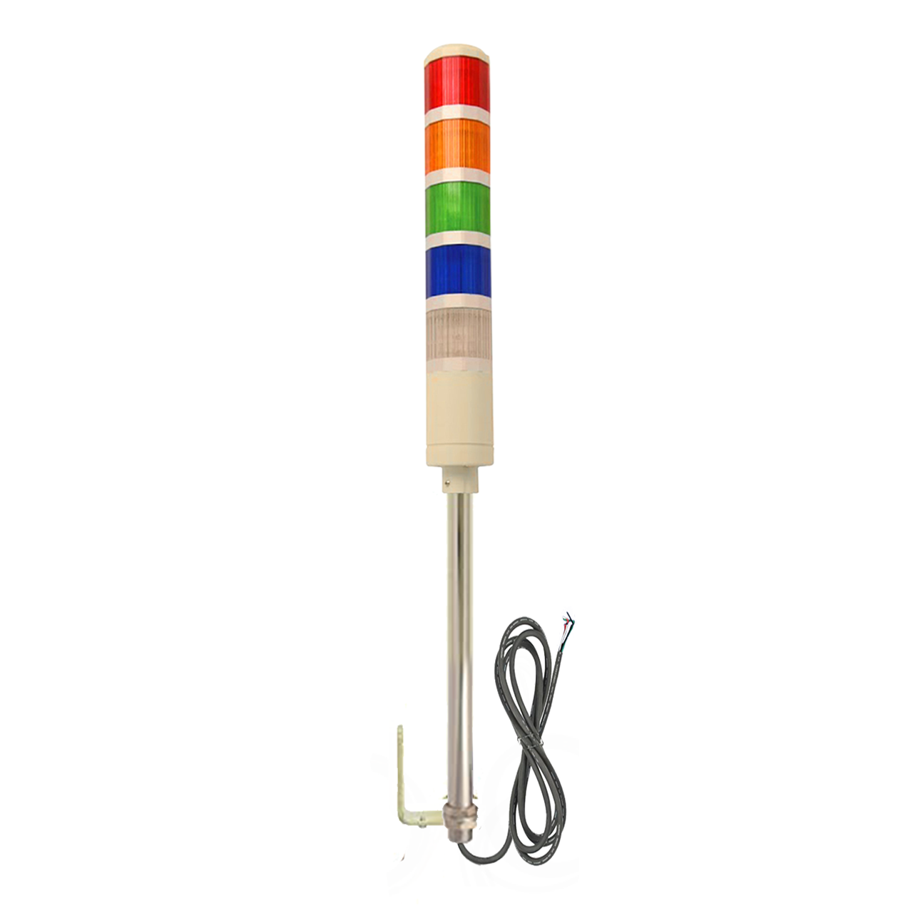 Five-color pole-mounted industrial signal light with right angle mounting bracket; Red-Amber-Green-Blue-White on a white background.