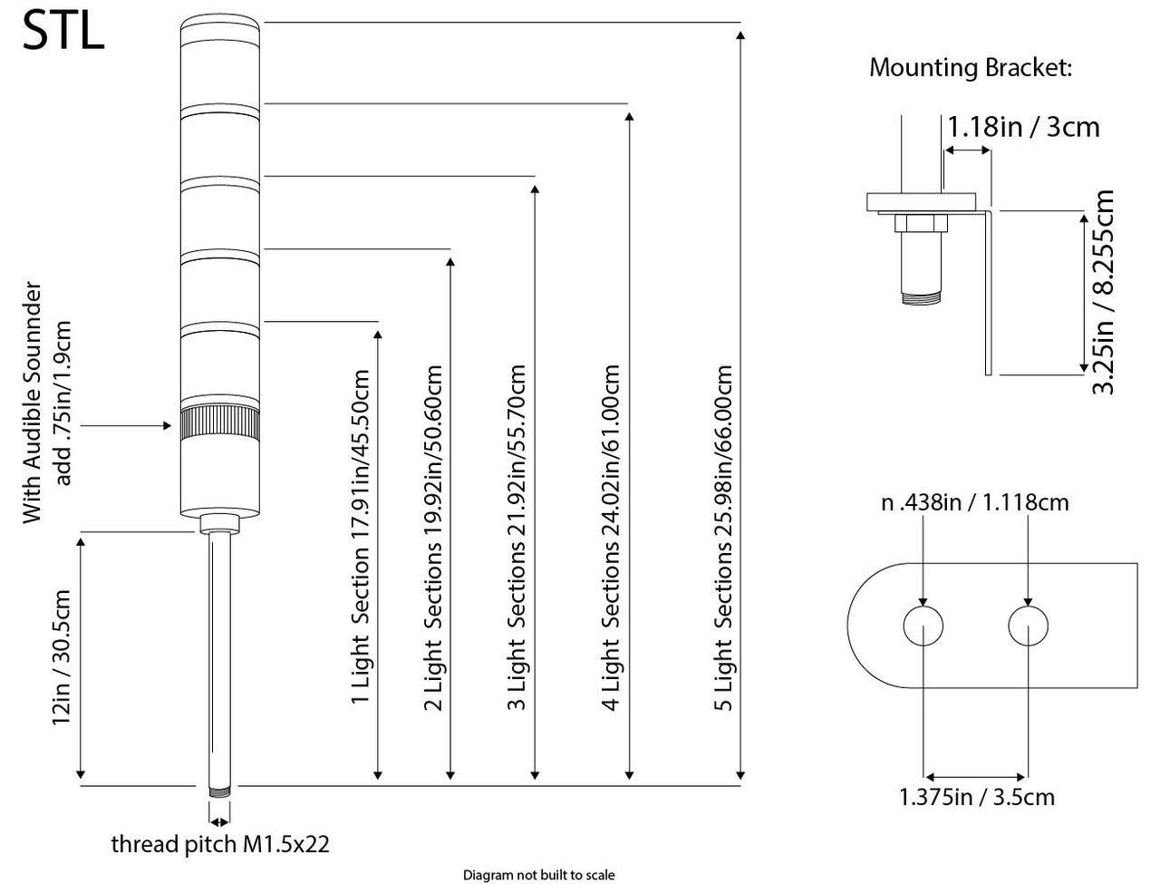 A black on white diagram depicting the dimensions of the Signaworks 1-5 STL light.