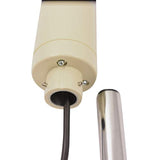 Detail photo showing connection point between light unit and chrome pole on a white background.