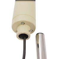 Detail photo showing connection point between light unit and chrome pole on a white background.