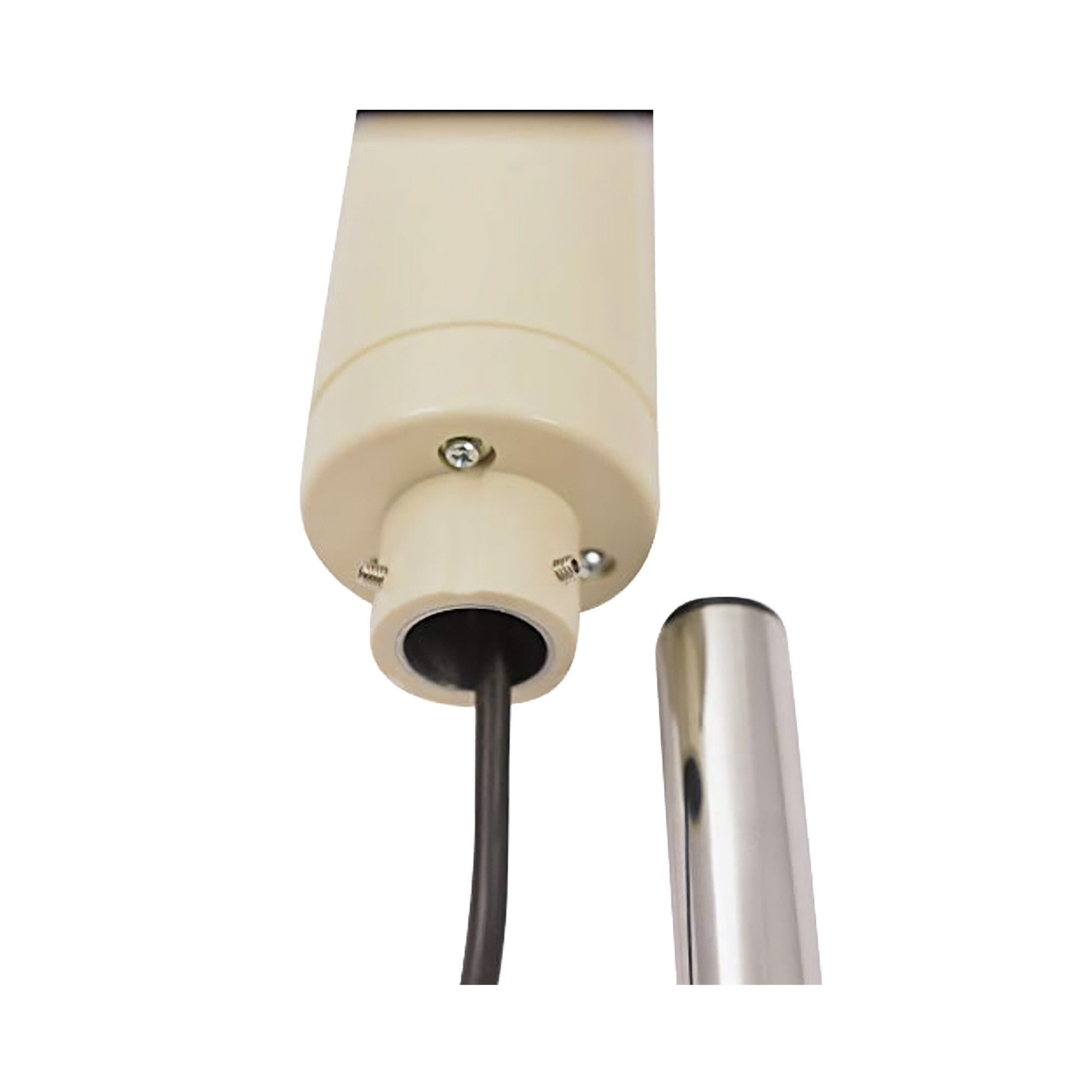 Detail close up photo of LED light with steel pole and black power wiring on a white background.