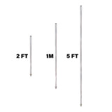 Chrome poles in various lengths 2 Ft, 1M and 5Ft on a white background.