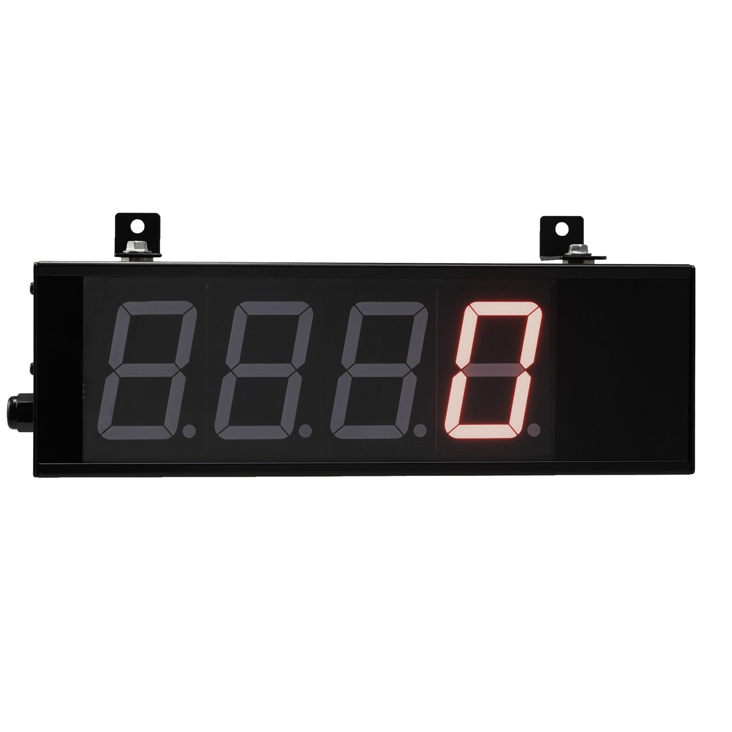 Front of a black 4 inch digital display with red illuminated letters on a white background.