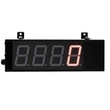 Front of a black 4 inch digital display with red illuminated letters on a white background.