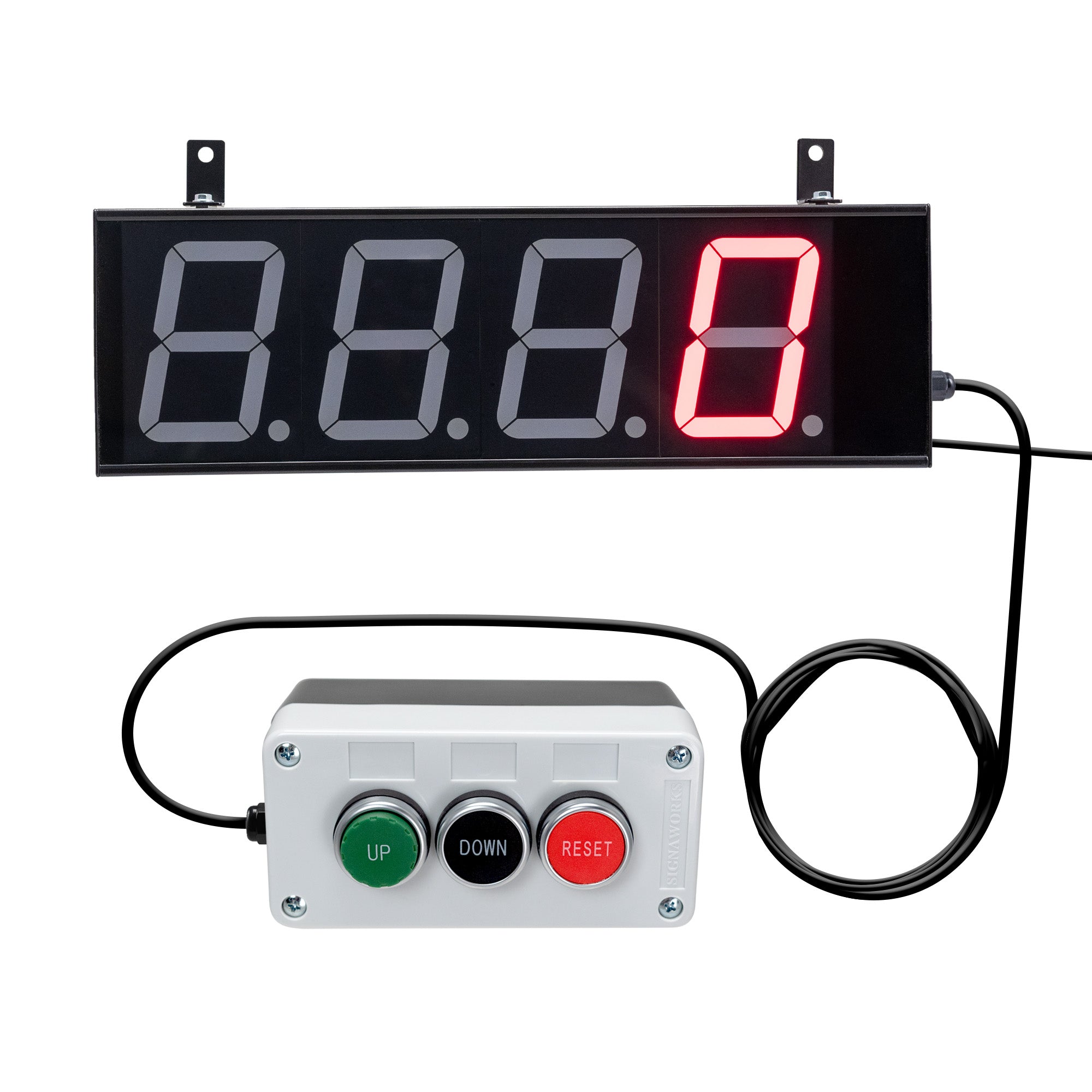 A digital LED production counter with a black display showing four digits and a red lit digit on the far right. Below the display is a control switch box with a green start and two red buttons.