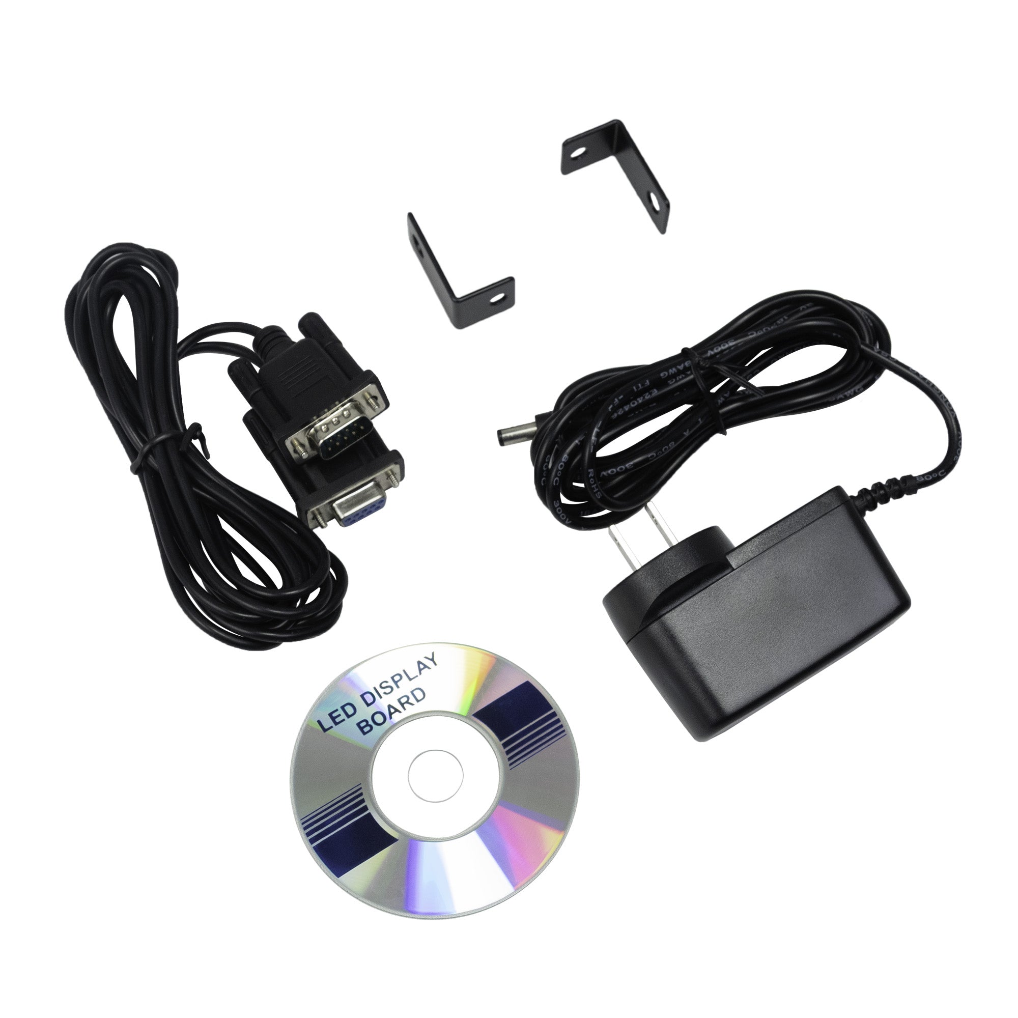 Electronic components including a cable, adapter, and LED display board on a white background.