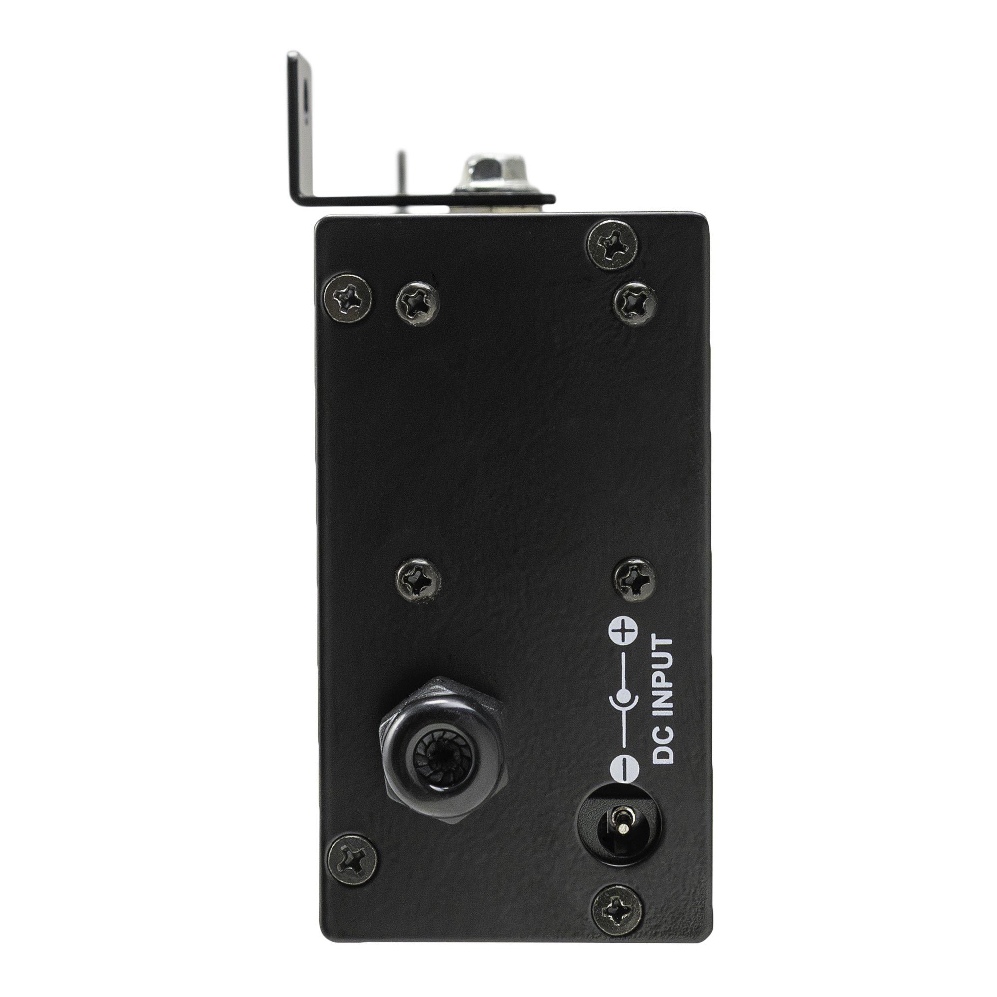 Side profile of a black 2 inch digital display with DC power input.