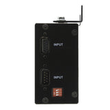Right side profile of a black 2 inch digital display with two VGA inputs and set of 3 switches.