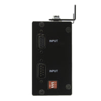 Right side profile of a black 2 inch digital display with two VGA inputs and set of 3 switches.