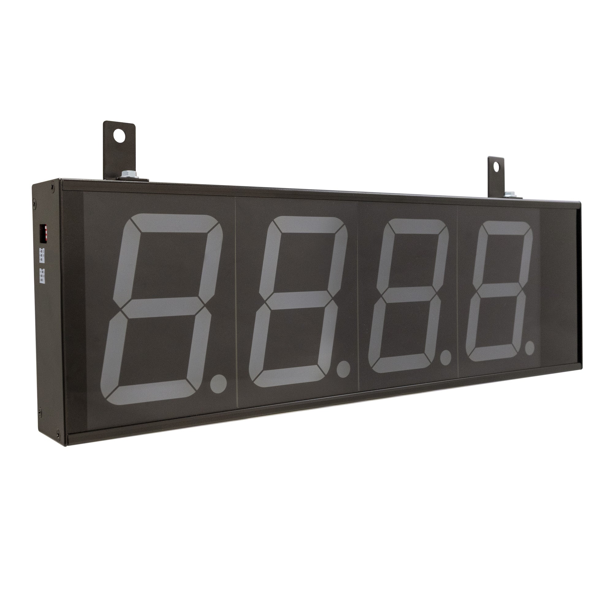Front angled profile of a four inch black digital display that is powered off.