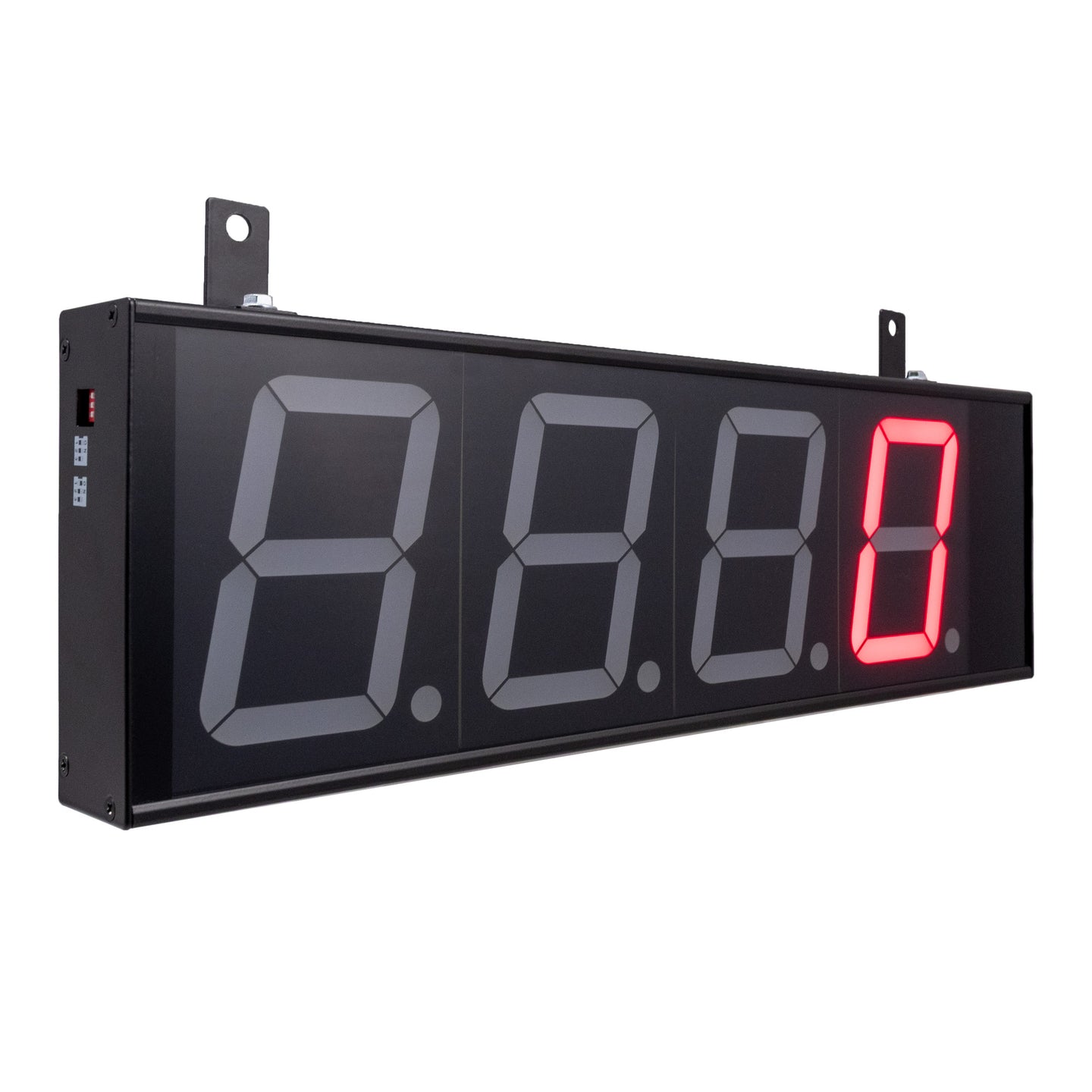 Front angled profile of a black 4 inch digital display with red illuminated letters on a white background.