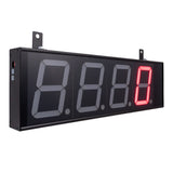 Front angled profile of a black 4 inch digital display with red illuminated letters on a white background.