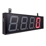 Front angled profile of a black 4 inch digital display with red illuminated letters on a white background.