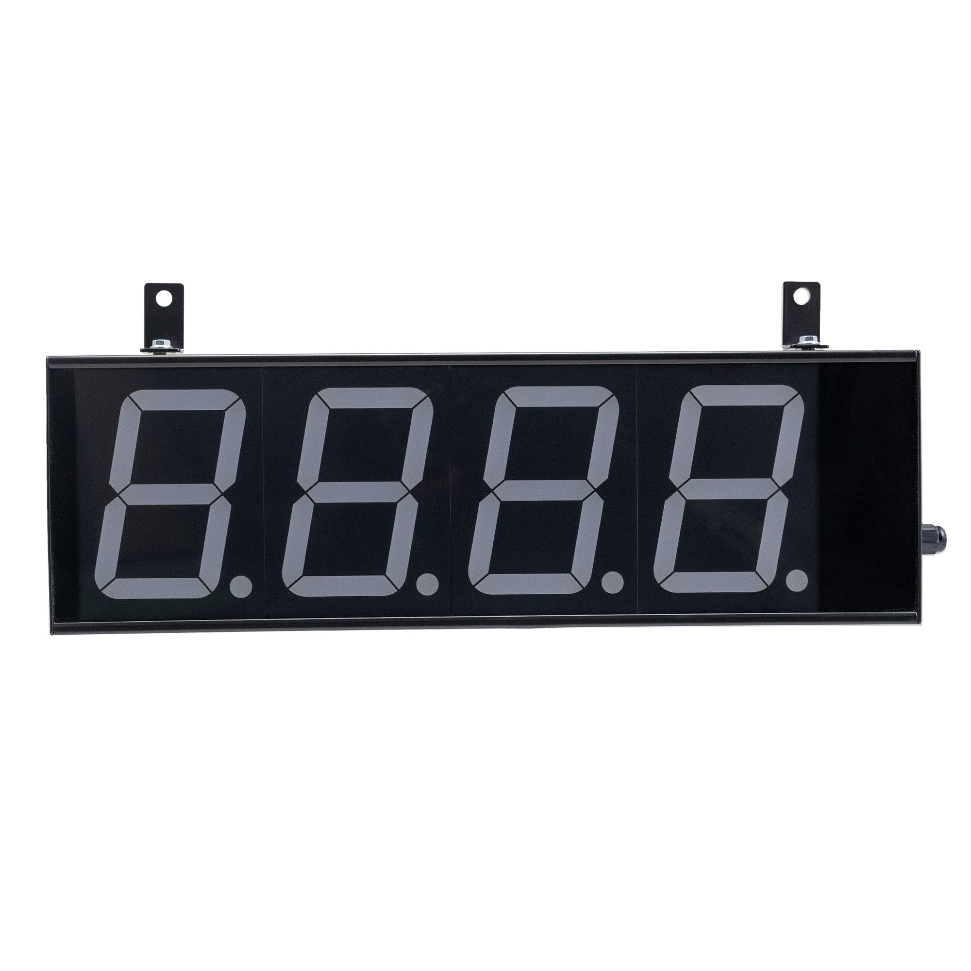 Front profile of a black four inch digital display powered off on a white background.