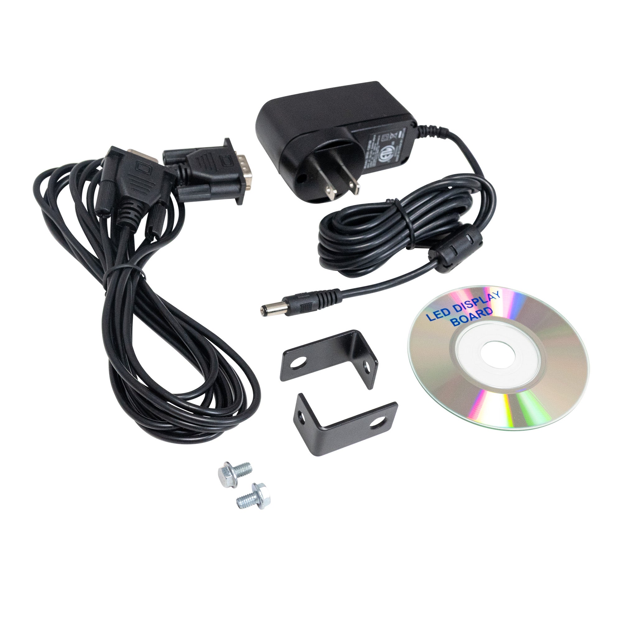 Electrical components including cables, connectors, and a CD on a white background.