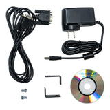 Electrical components including a power adapter, cable, and LED display board on a white background.