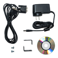 Electrical components including a power adapter, cable, and LED display board on a white background.