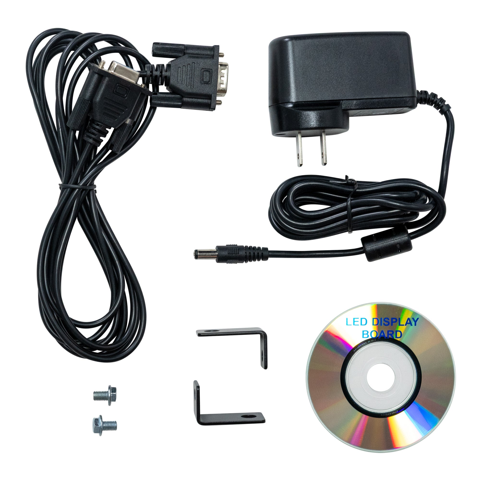 Electrical components including a power adapter, cable, and LED display board on a white background.