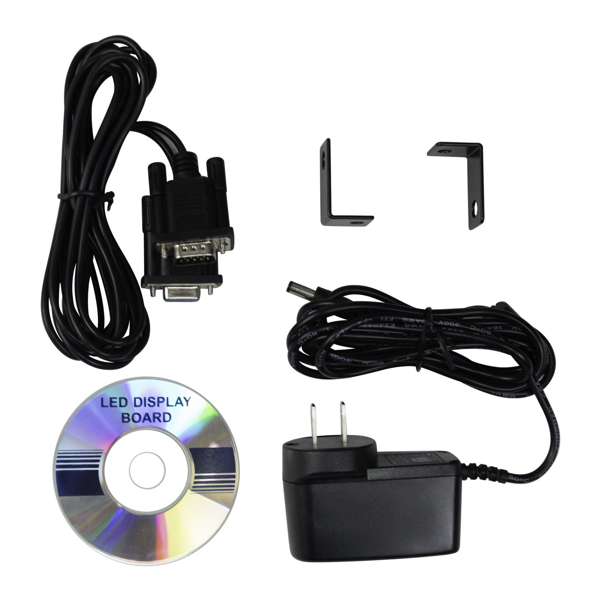 Electrical components including a power adapter, cable, and LED display board on a white background
