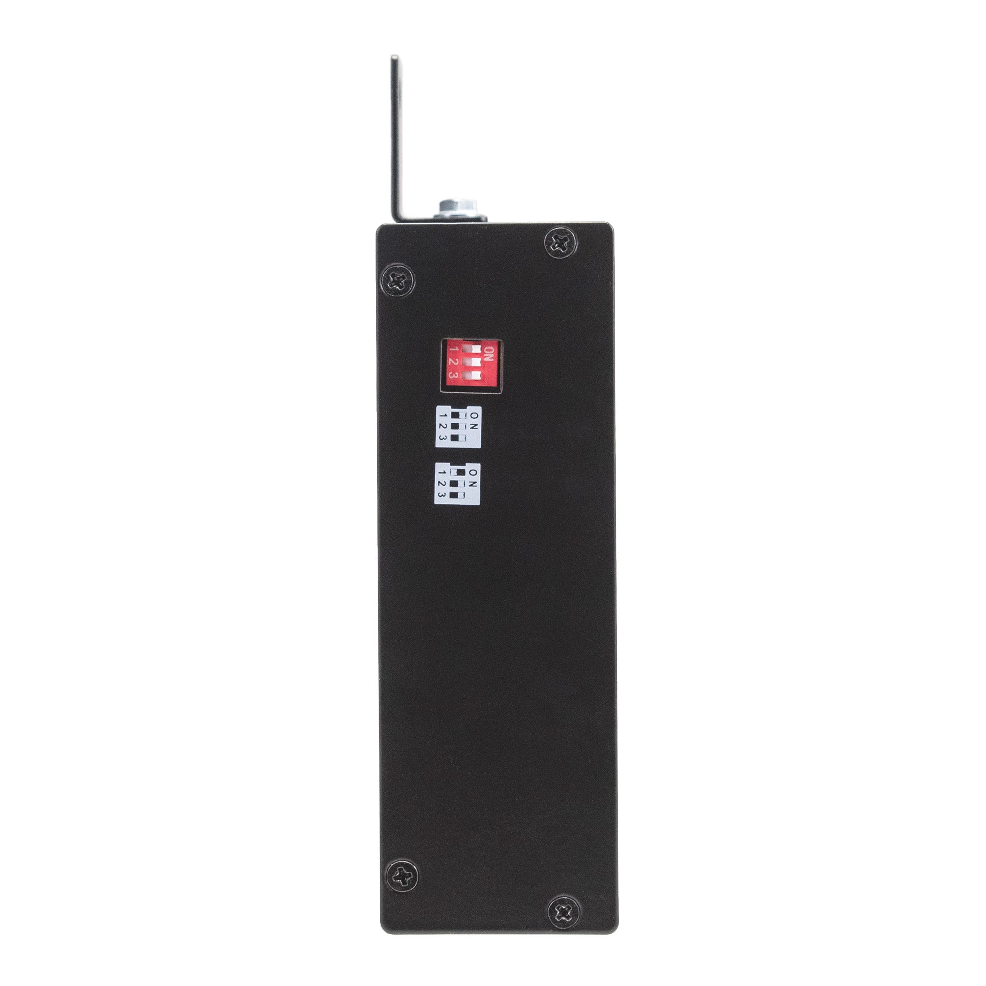 Side profile of a black four inch digital display with three sets of three switches.