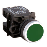 Green button switch with black casing on a white background.