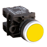 Yellow button switch with black casing on a white background.