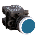 Blue button switch with black casing on a white background.