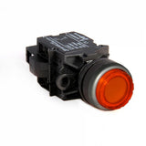 Amber illuminated button switch with black casing on a white background.