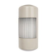 A tan wall mount LED tower light with a full clear lens and three color backlit LEDs on a white background.