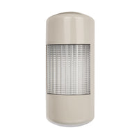 A tan wall mount LED tower light with a full clear lens and three color backlit LEDs on a white background.