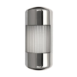 A chrome wall mount LED tower light with a full clear lens and three color backlit LEDs on a white background.