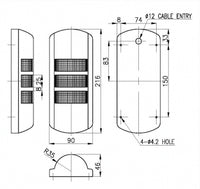 Black and white diagram depicting housing SWTL wall mount tower light dimensions.