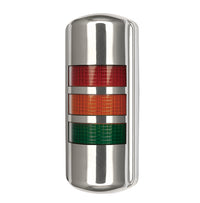 Wall mounted tower light; Red-Amber-Green with chrome cover on white background.