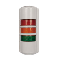 Wall mounted tower light; Red-Amber-Green with tan cover on white background.