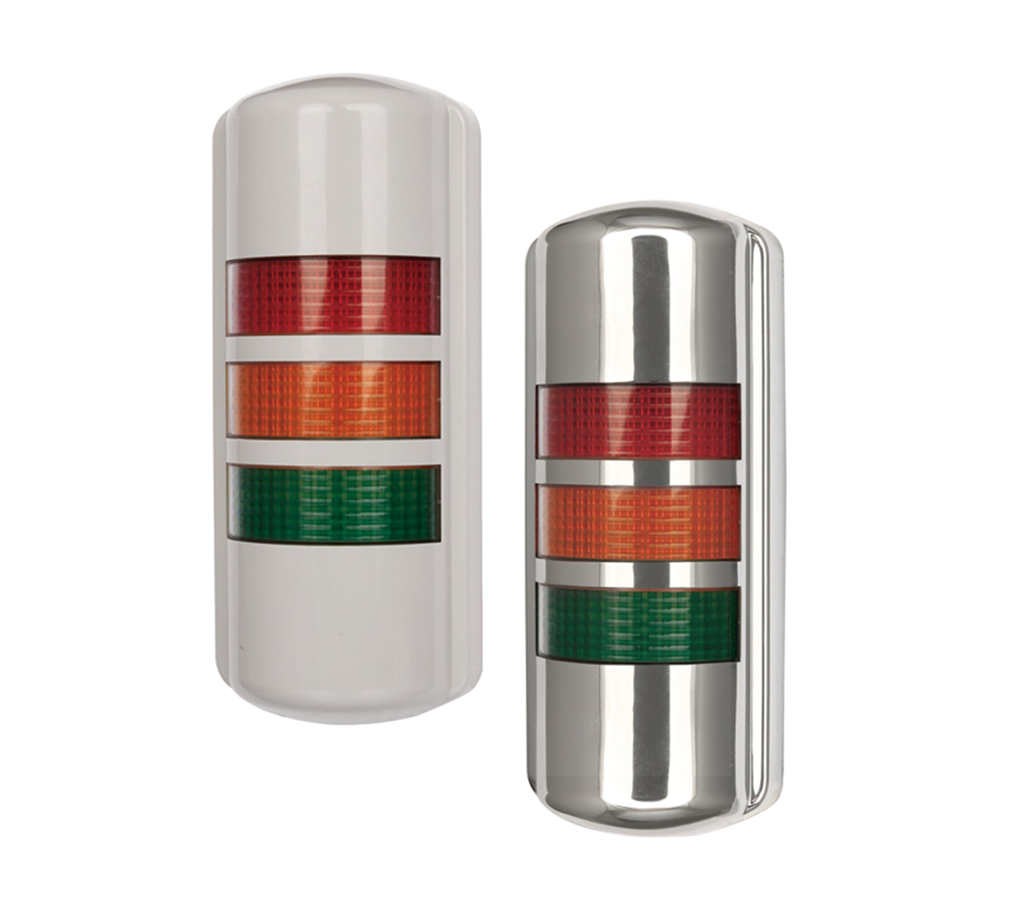Two wall mount LED tower lights, one with a tan body and the other with a chrome body, each featuring a series of red, green, and amber colored lights.