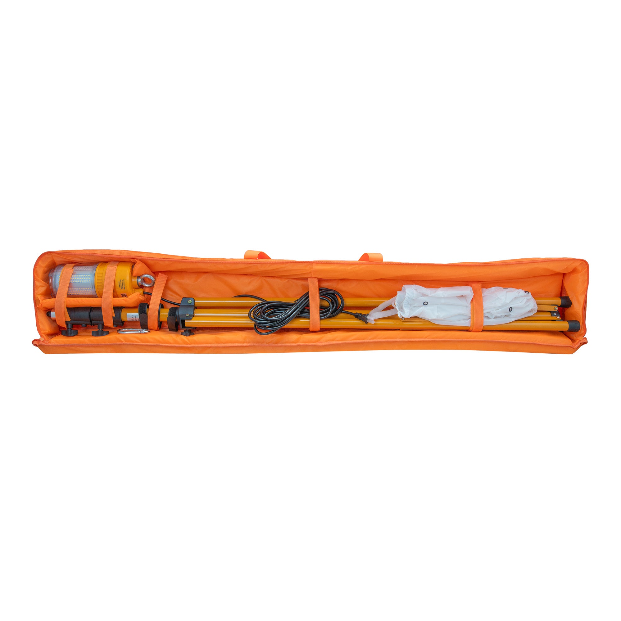 Orange open nylon case with two straps with tripod, light, diffuser and mounting hardware on a white background.