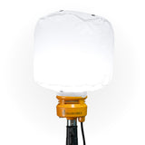 Illuminated 'Signaworks' branded diffused LED light mounted on a black tripod, black power cord and 3-position switch on a white background.