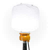 Illuminated 'Signaworks' branded diffused LED light mounted on a black tripod, black power cord and 3-position switch on a white background.